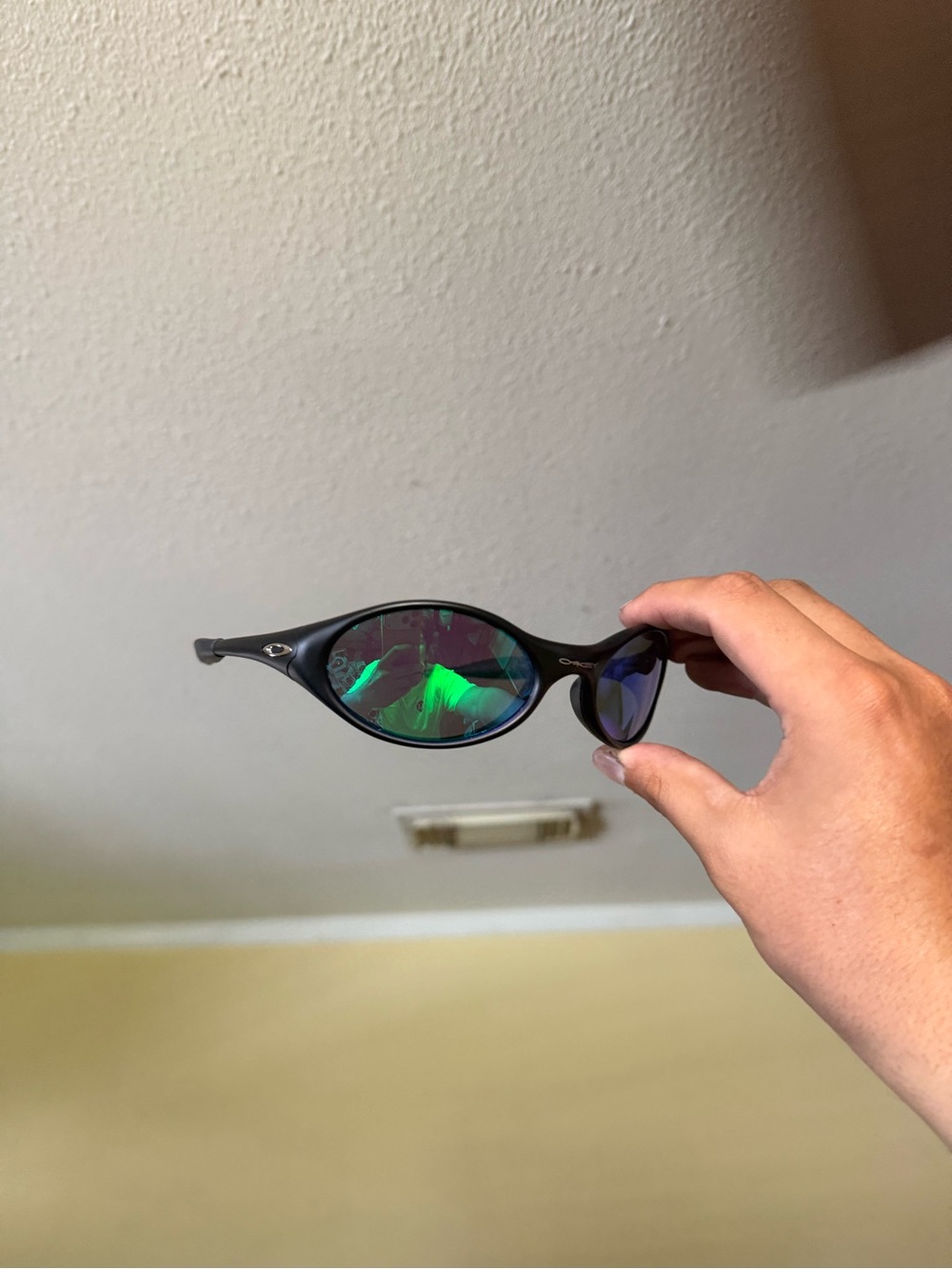 Oaks o sunglasses Black Frame Sunglasses with Green-Blue Mirrored Lenses